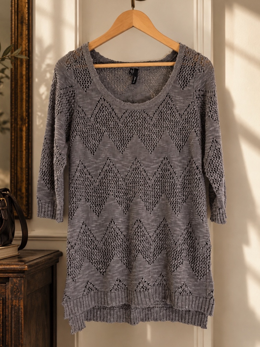 Taupe open knit sweater top with chevron pattern, lightweight short sleeve boho